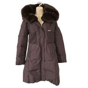 TAHARI WOMENS WINTER Faux Fur HOODED PUFFER COAT Size Small Sangria